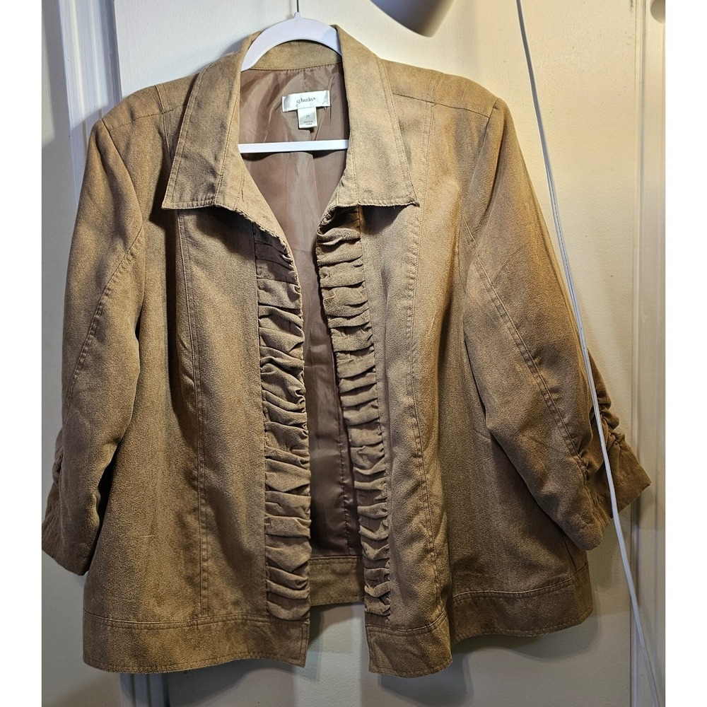 Christopher & Banks S 3/4 Sleeve Open Blazer Tan Faux Suede Ruched Shoulder Pads